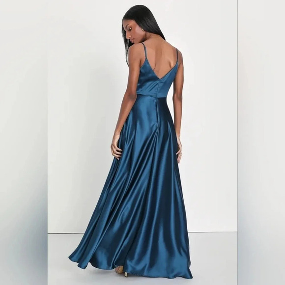 Lulus Shades of Love Teal Blue Satin Faux-Wrap Maxi Dress Wedding Party Prom - Picture 5 of 12